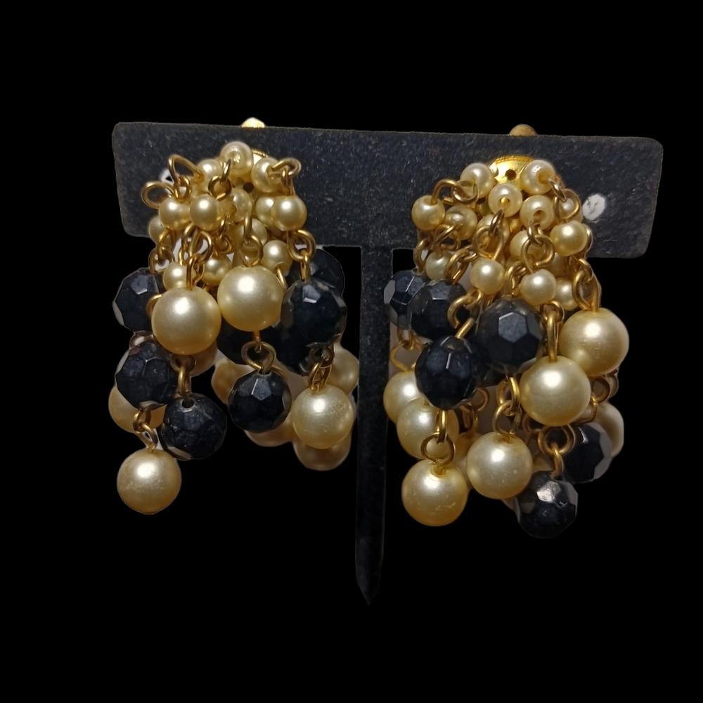 Vintage Black & Gold Pearl Clip On Dangle Earrings "Stunning!"